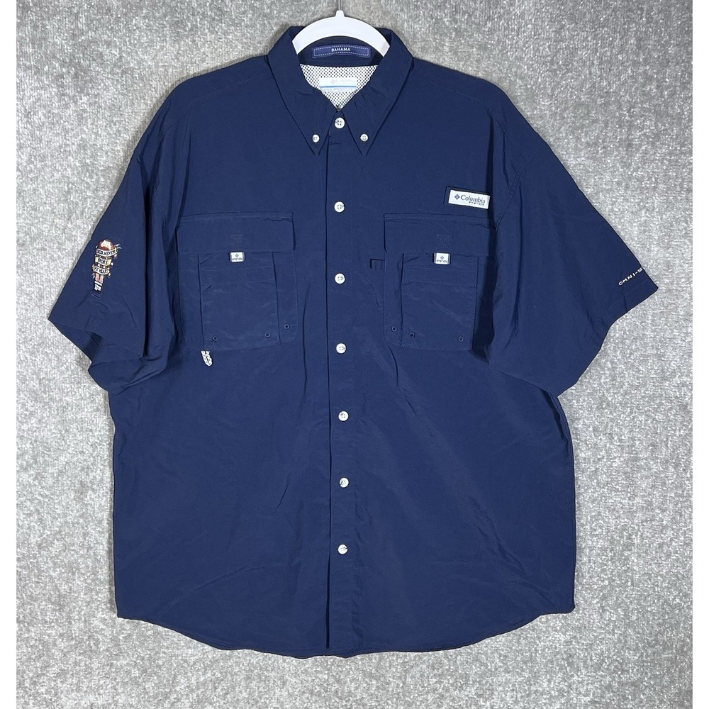 Columbia PFG Bahama Button Down Shirt Mens Sz Large Blue Miller Lite Luke Combs